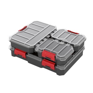 Qbrick Regular Compact Organizer Set 1, schwarz, stapelbare Aufbewahrungsboxen mit transparentem Deckel und roten Verschlüssen.