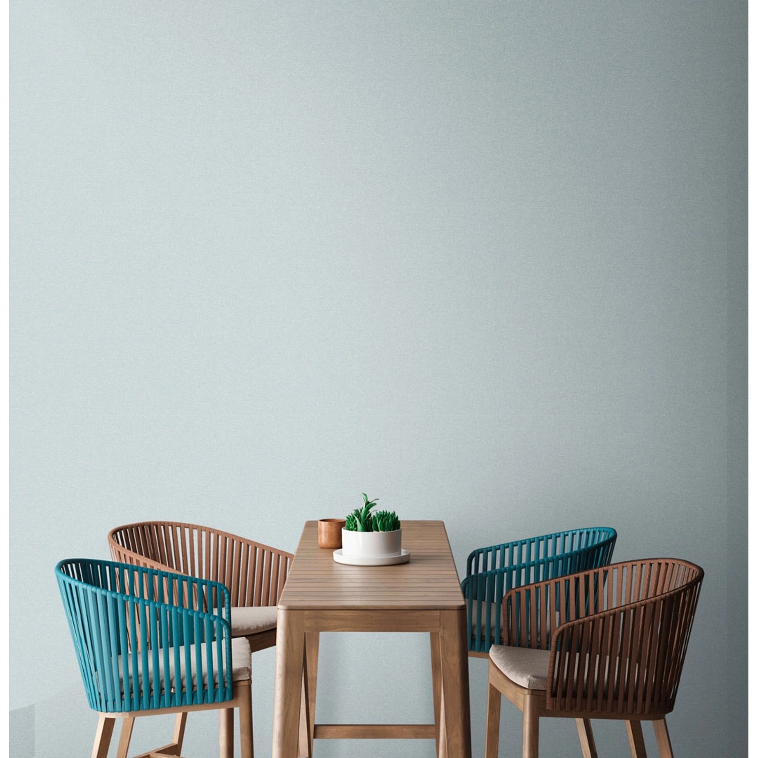 AS-Creation Vliestapete Uni Struktur blau: Matte Strukturtapete im Raum mit Tisch und Stühlen.