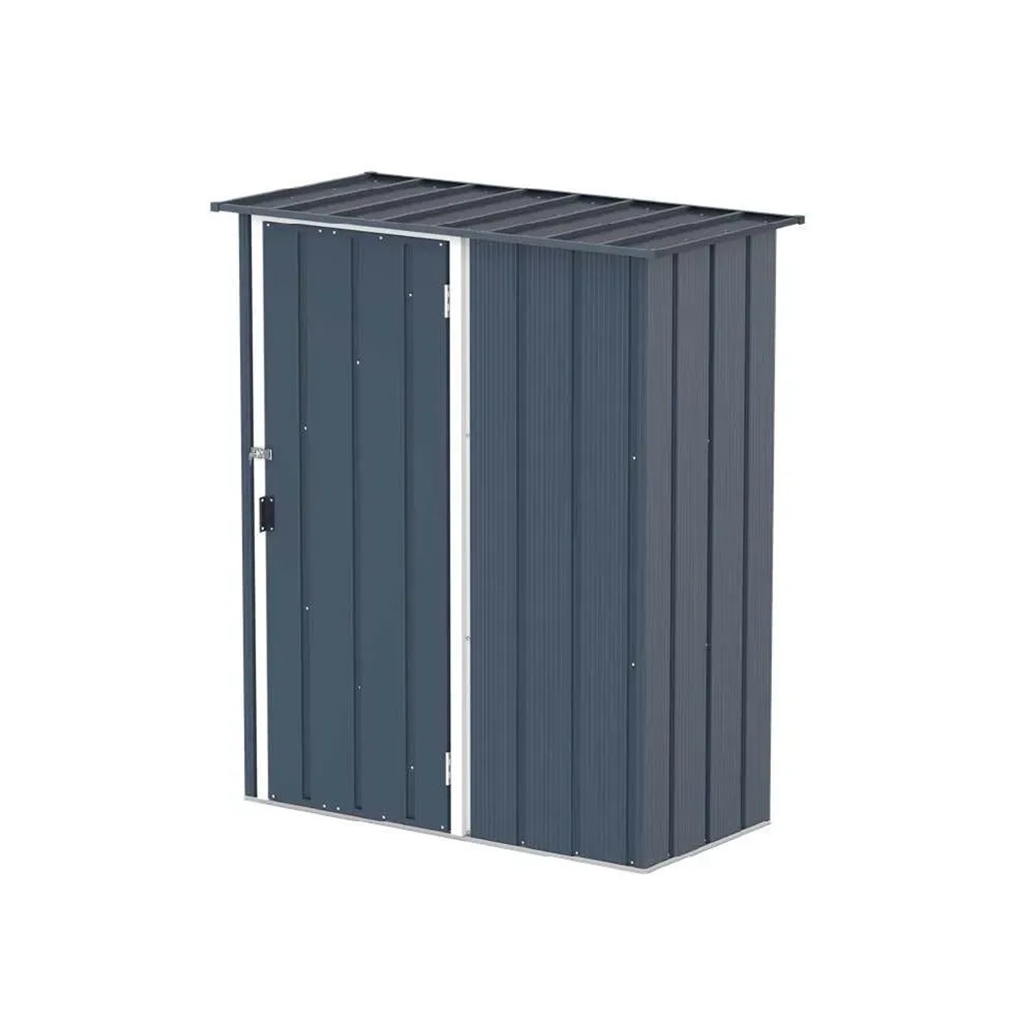 DURAMAX Metall-Gerätehaus Easy 1,5x0,6m in Anthrazit mit geöffneter Tür.