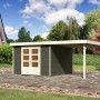 Terragraues Karibu Holz-Gartenhaus Boras mit Flachdach und Anbau im Garten.