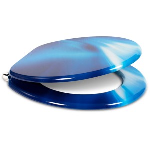 Sanfino WC-Sitz Wave, Toilettendeckel aus Holz mit Absenkautomatik, blaues Wellenmuster.