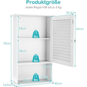 Weißer Costway Hängeschrank Bad mit offener Lamellentür, 2 verstellbaren Einlegeböden und Maßen 42x16,5x70cm.
