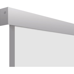 Detailaufnahme: Weiße Holzschiebetür Margalida mit silbernem Aluminium-Schienensystem.