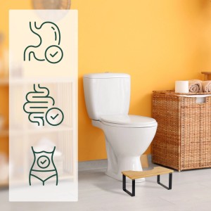 Toilettenhocker aus Bambus und schwarzem Eisen vor WC. Icons zeigen Magen, Darm, Körper für gesunde Hocksitzhaltung.
