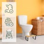 Toilettenhocker aus Bambus und schwarzem Eisen vor WC. Icons zeigen Magen, Darm, Körper für gesunde Hocksitzhaltung.