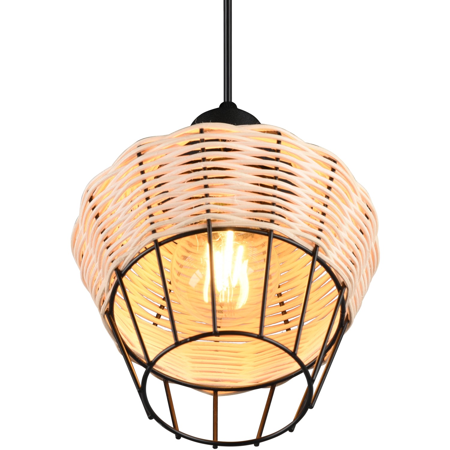 Naturbelassene Reality Pendelleuchte Borka mit Rattan-Schirm und schwarzem Metallgestell, Ø 17,5 cm.
