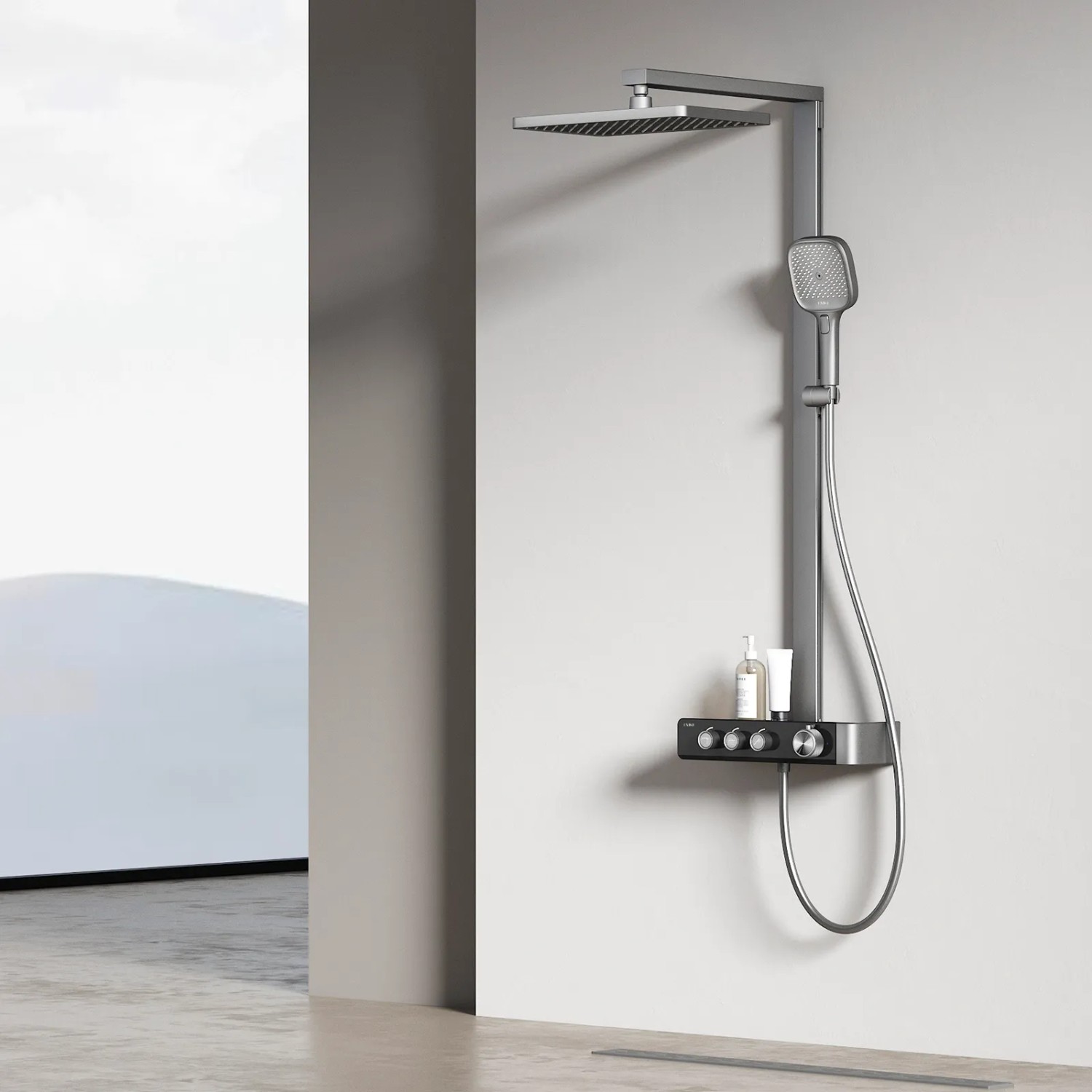 Emke Duschsystem mit Thermostat, anthrazit matt, mit Regendusche und Handbrause.