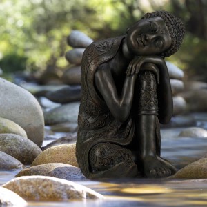 Relaxdays Buddha Figur Polyresin Dunkelgrau Geneigter Kopf Wetterfest Frostsicher 60 cm x 35 cm x 35 cm 9,5 kg
