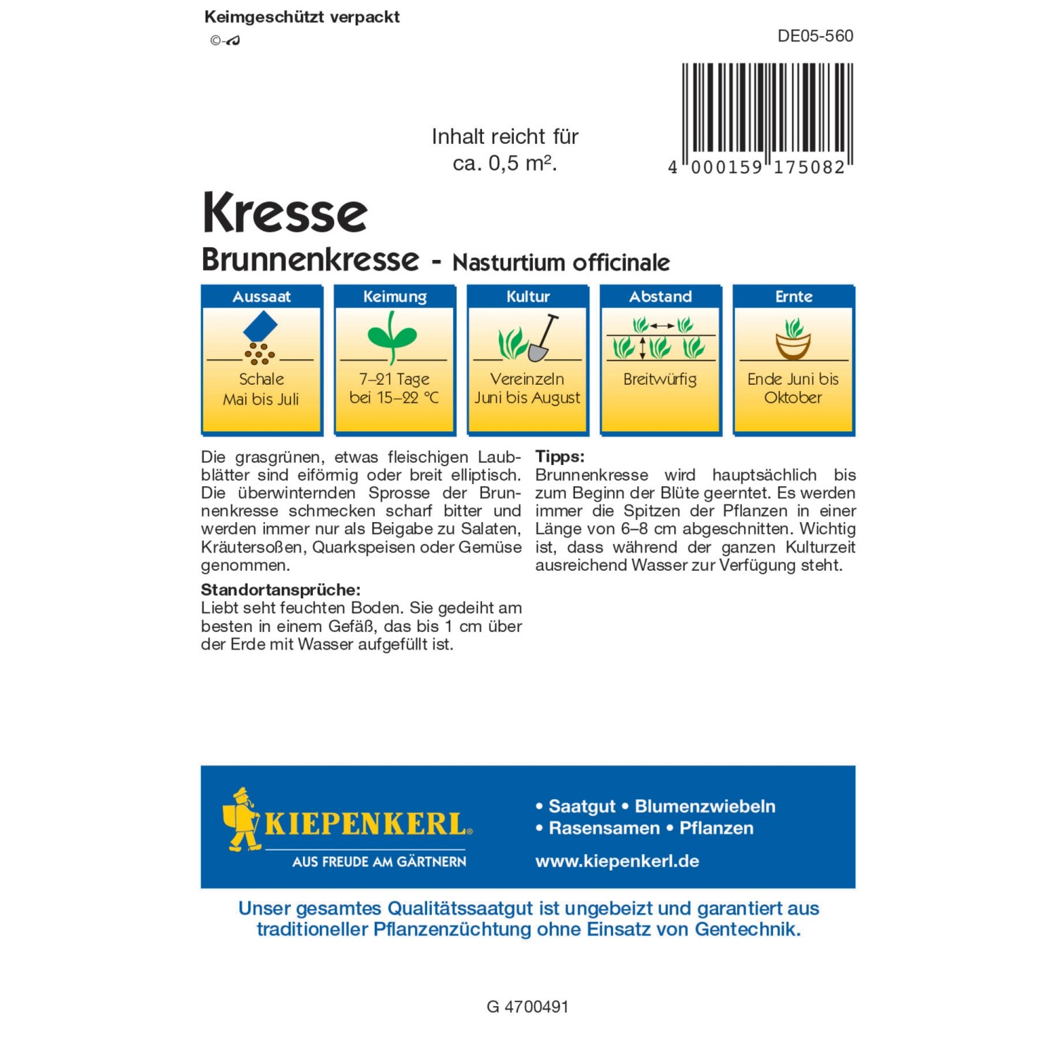 Kiepenkerl Kresse Brunnenkresse Samenpackung mit Infos zu Aussaat, Keimung, Kultur und Ernte.