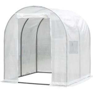Freistehendes, weißes Tunnelgewächshaus mit Tür und Fenster. Ideal für den Garten.