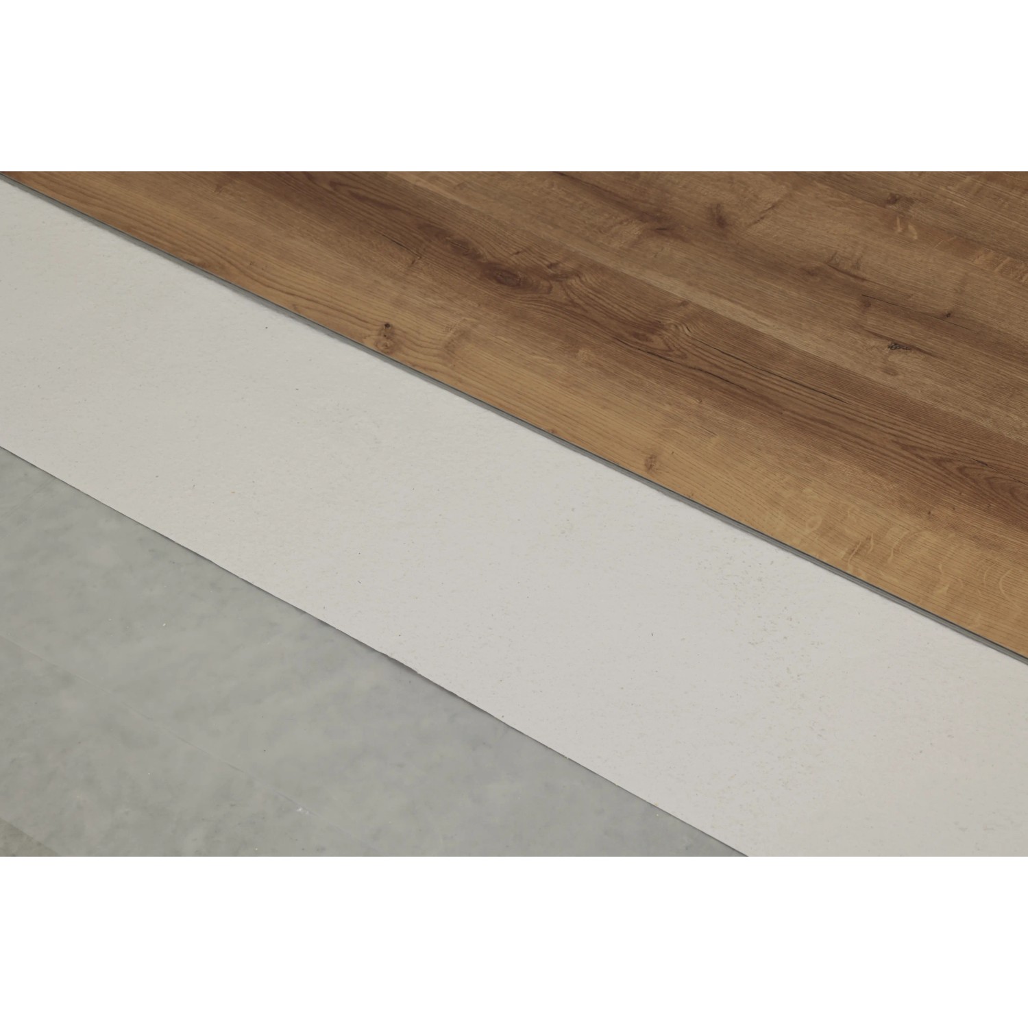 Detailaufnahme: Weiße Erfurt Eco Step Trittschalldämmung unter Holzboden.
