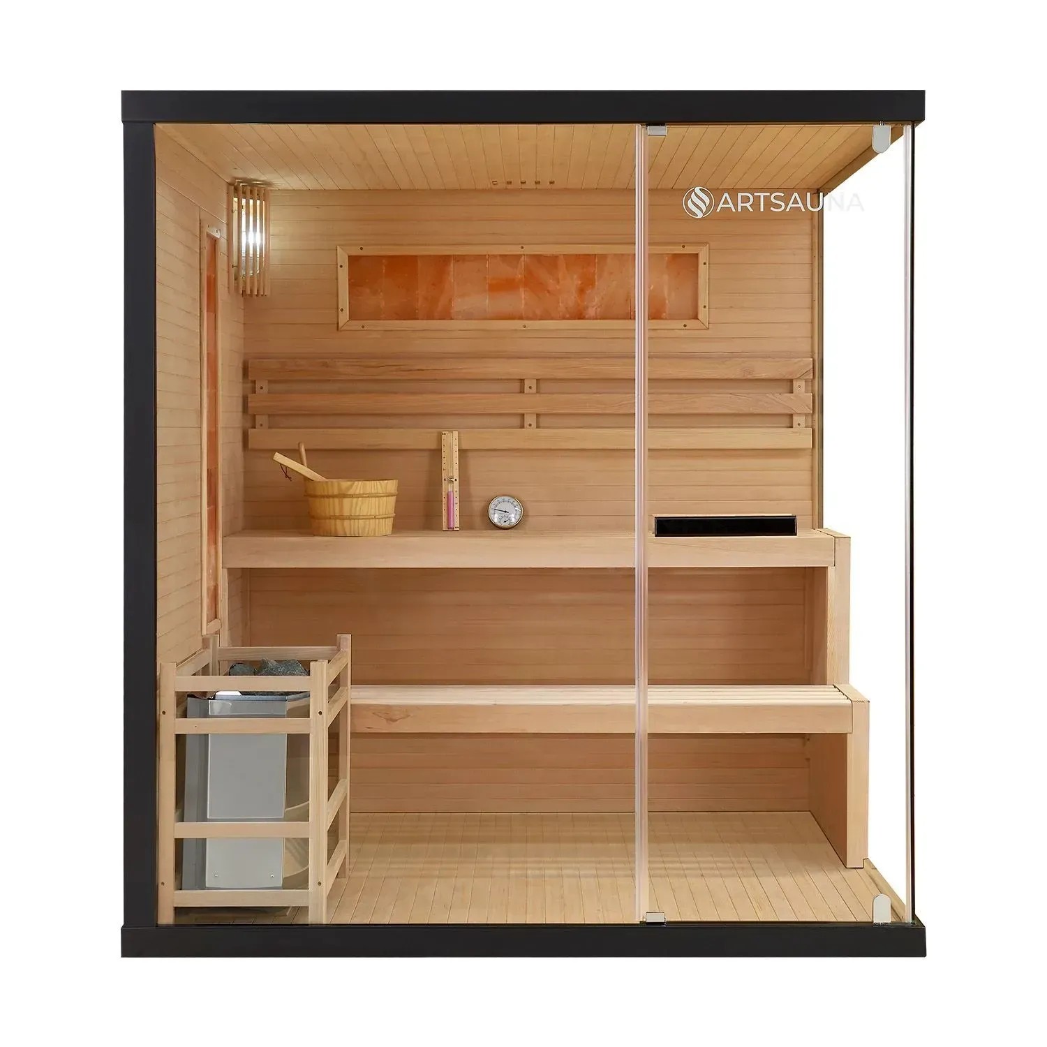 Artsauna Vantaa Sauna, 175x140cm, mit 8kW Ofen. Massivholzsauna mit Glasfront und Zubehör.