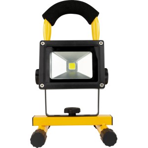 REV Ritter LED-Baustrahler mit Akku, 7W, schwarz-gelb, mit Tragegriff und Standfuß.