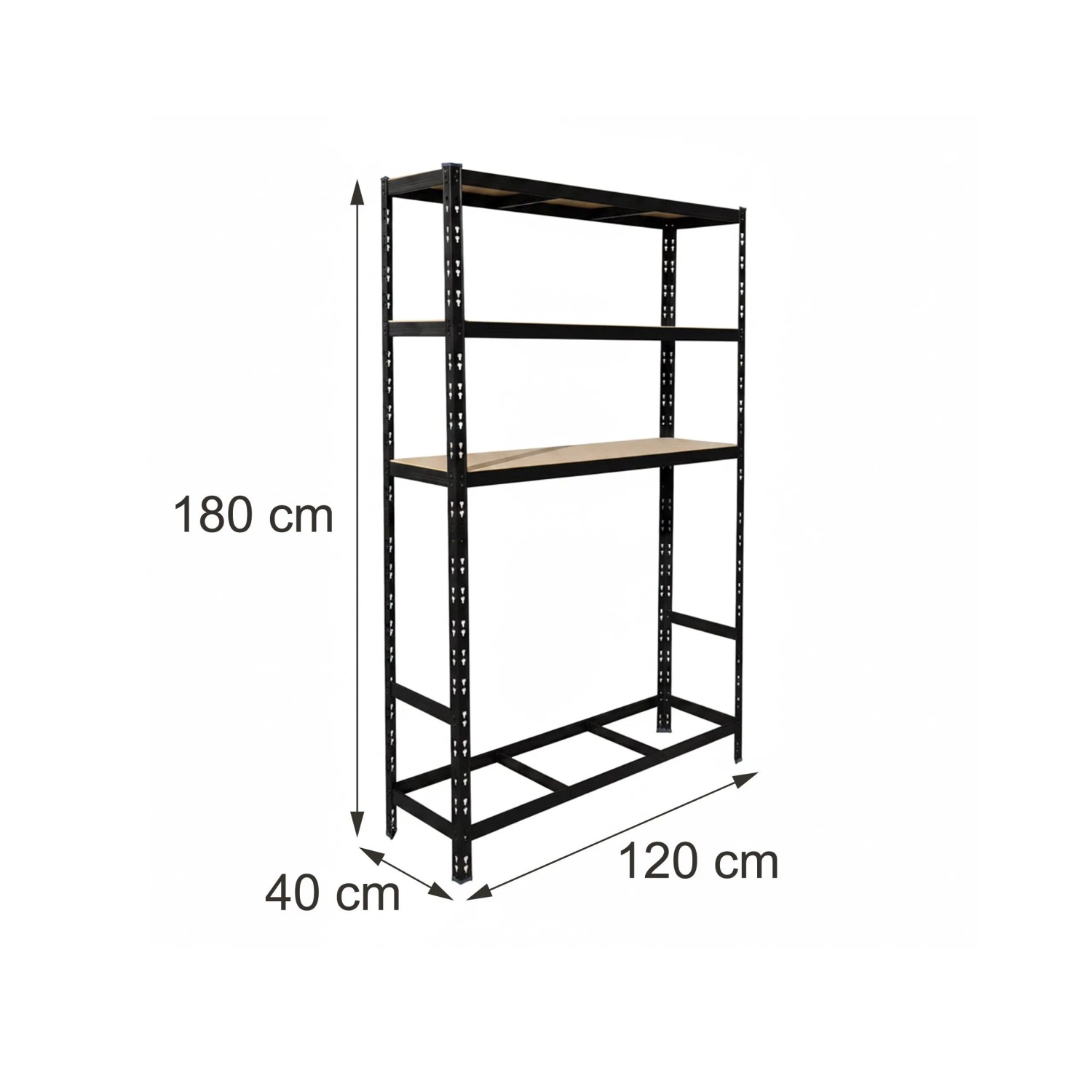 Schwarzes Stahl Reifenregal mit 3 MDF-Ablagen, höhenverstellbar, 180x120x40 cm. Ideal für Garage & Werkstatt.