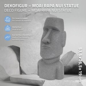 Graue Moai Figur Rapa Nui Kopf, 53,5 cm hoch, aus Kunstharz für exotische Deko.