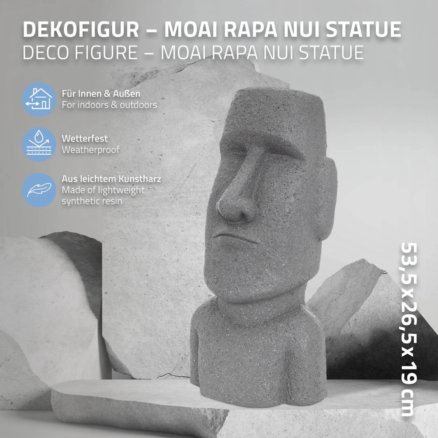 Graue Moai Figur Rapa Nui Kopf, 53,5 cm hoch, aus Kunstharz für exotische Deko.