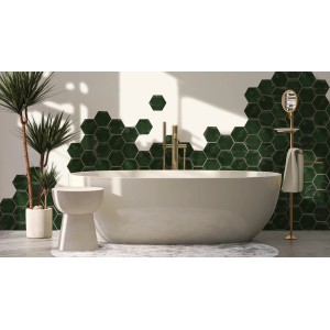 Badezimmer mit Wandfliese Antik Hexagon Moos, glänzend, 15x17,5 cm. Retro-Optik.