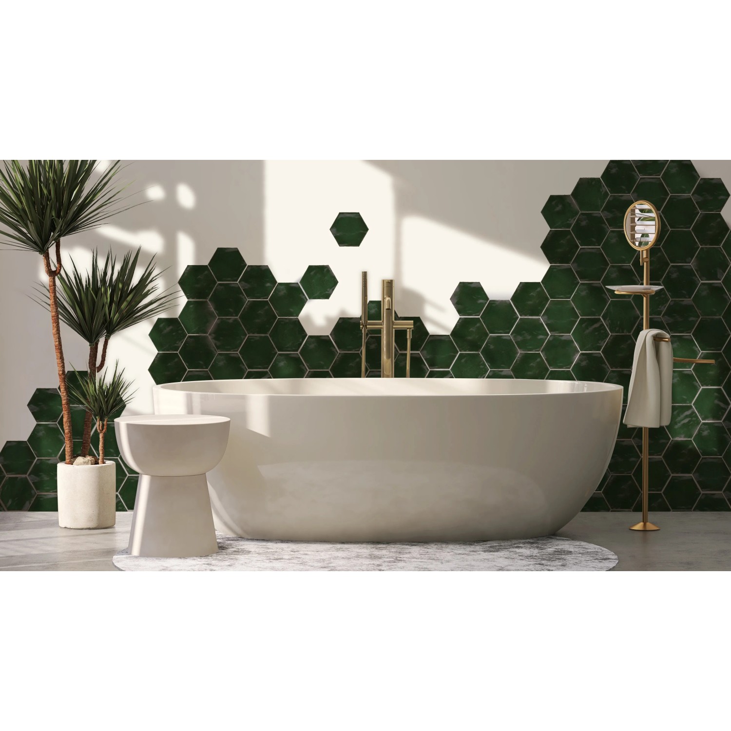 Badezimmer mit Wandfliese Antik Hexagon Moos, glänzend, 15x17,5 cm. Retro-Optik.
