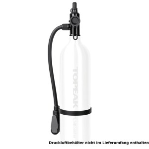 Topeak TubiBooster X Inflator-Kopf mit schwarzem Schlauch für Reifenventile, auf silbernem Tank.
