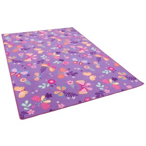 Lila Kinder Spielteppich 200x200cm mit Schmetterlingen und Blumen Muster.