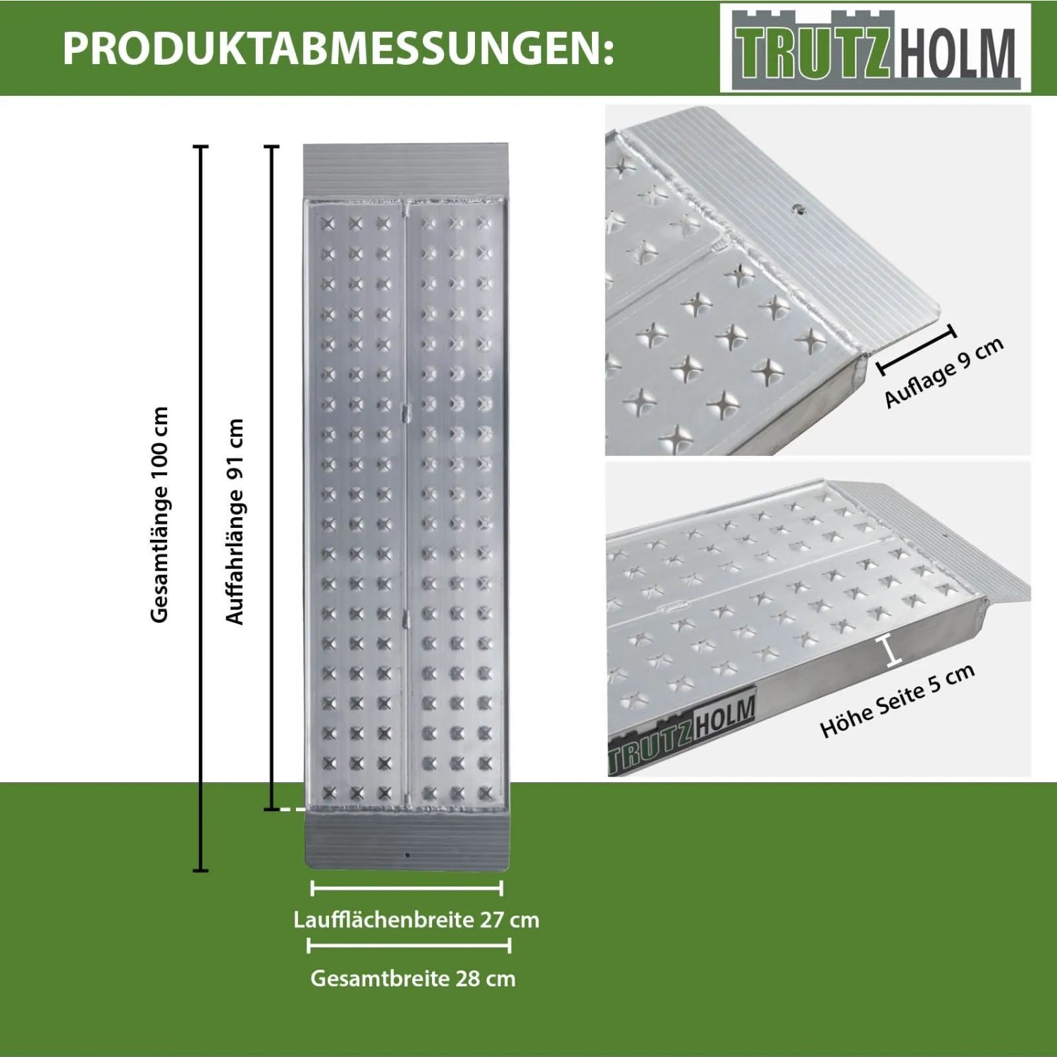 TRUTZHOLM Auffahrrampe, 100x28 cm, 270kg, Aluminium, mit Maßangaben.