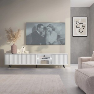 TV-Lowboard Bello 175 cm Weiß / Lamelle mit LED und Schwarzen Beinen