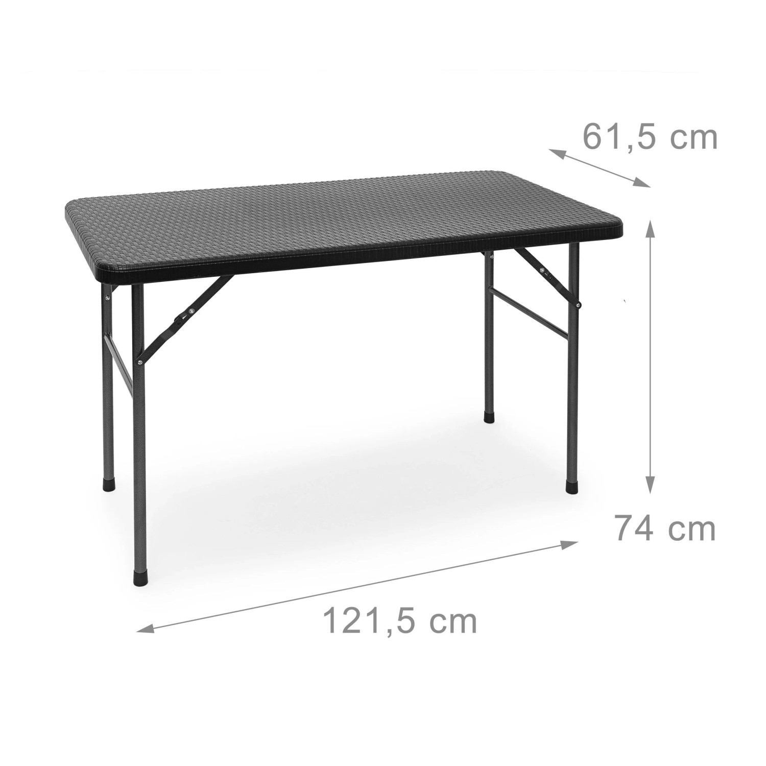 Schwarzer rechteckiger Klapp-Gartentisch aus Kunststoff in Rattan-Optik, Maße 74x121,5x61,5 cm.