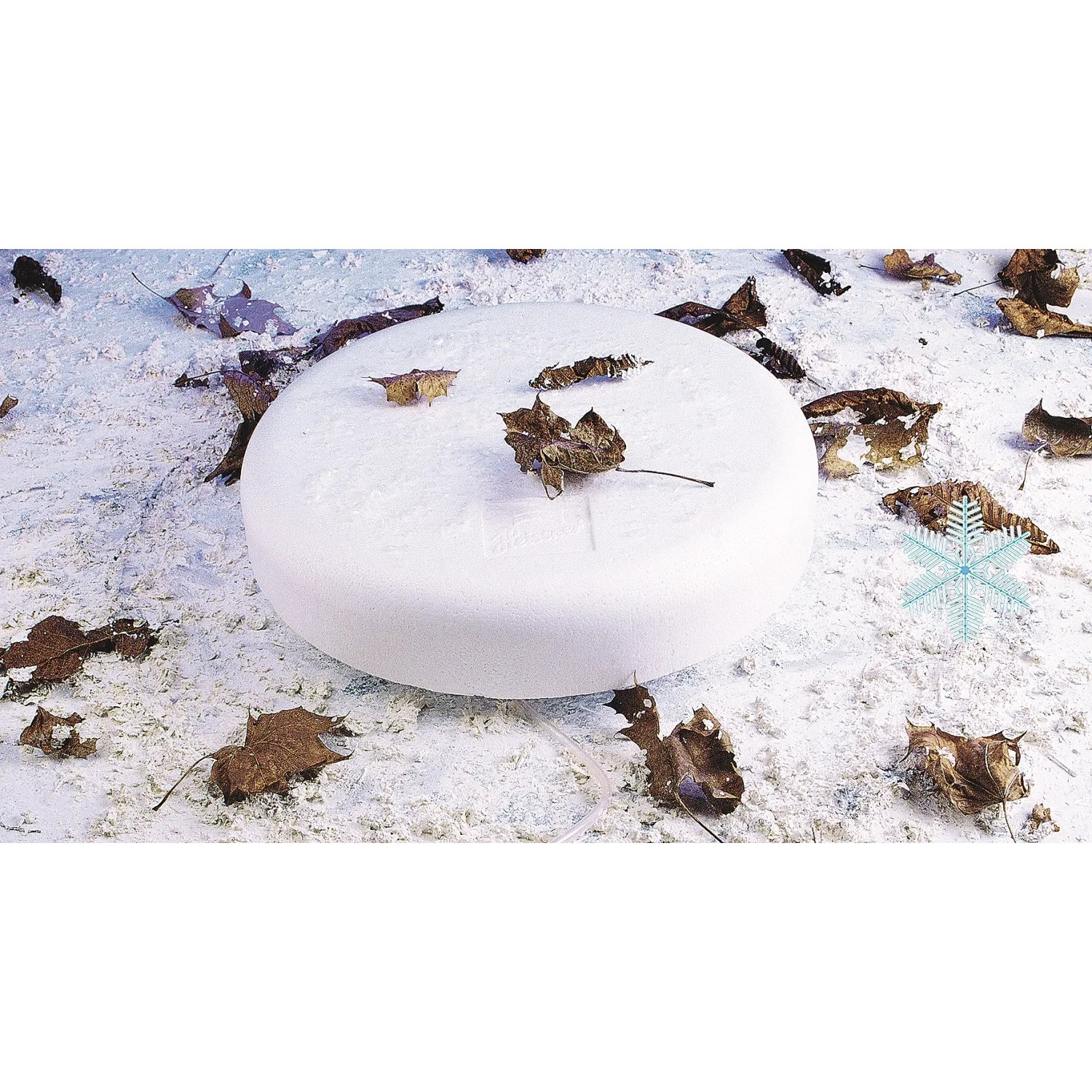 Heissner Eisfreihalter 25 cm im Wintereinsatz auf einem Teich mit Blättern.