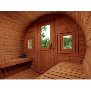 Fjordholz Fass-Sauna Modell Lauri Thermoholz und Holztür mit Fenster und Schloss