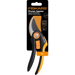 Fiskars Bypass-Gartenschere Plus P521, Gartenschere mit schwarzem Griff und orangefarbener Klinge.
