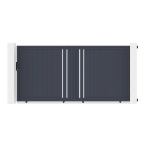 Graues Casanoov Schiebetor Giona 3.5 m aus Aluminium mit vertikalen, weißen Akzenten.
