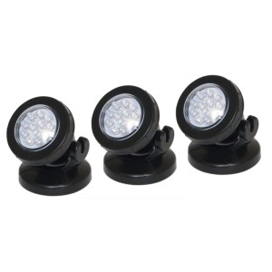 Drei schwarze Velda LED Teichbeleuchtung Spots, wasserdicht, für stimmungsvolles Licht im und um den Teich.