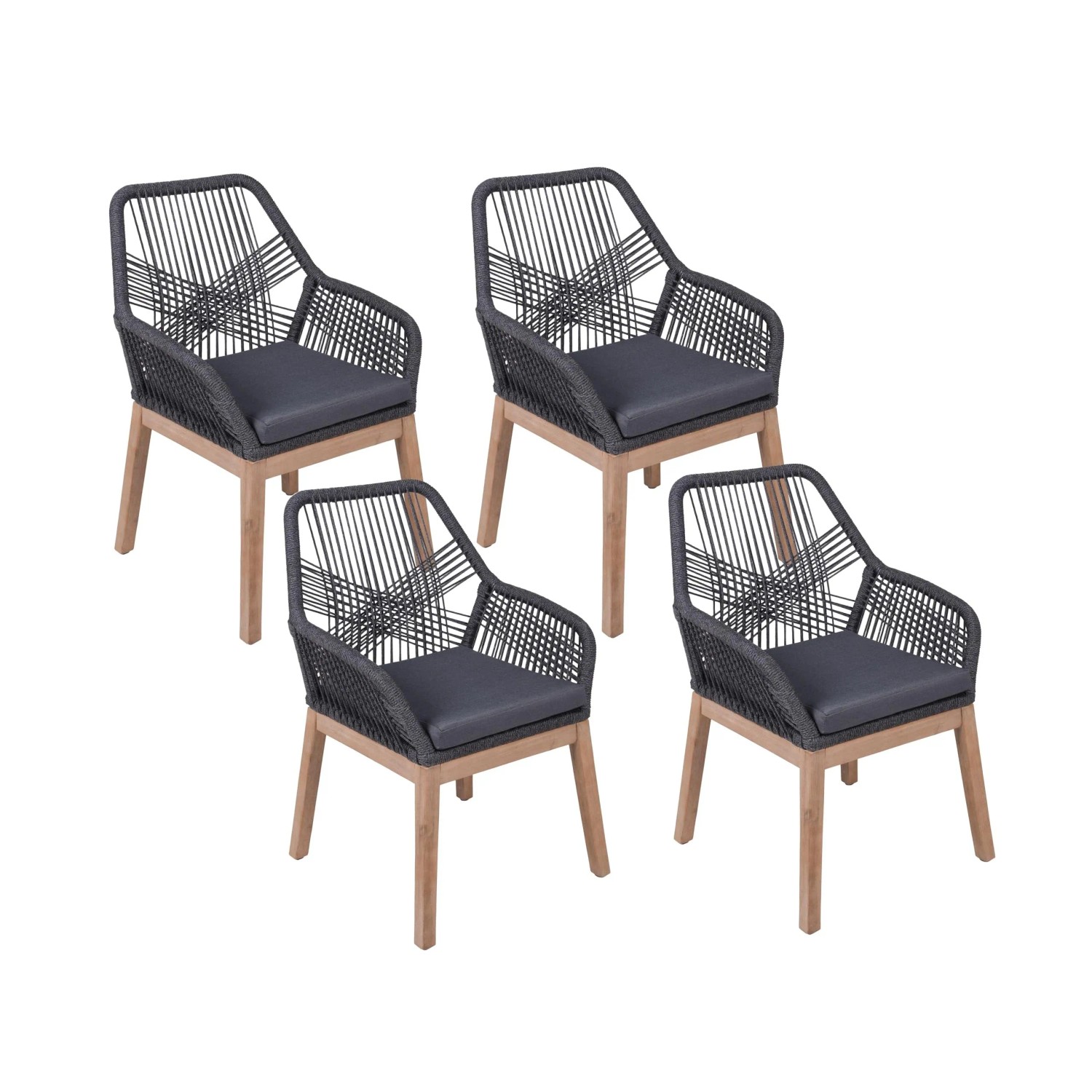 DELUKE Gartenstuhl 4er Set MARCUS Akazie Anthrazit Seilbespannung Gartenstühle Wetterfest Essstühle Outdoor Terrasse