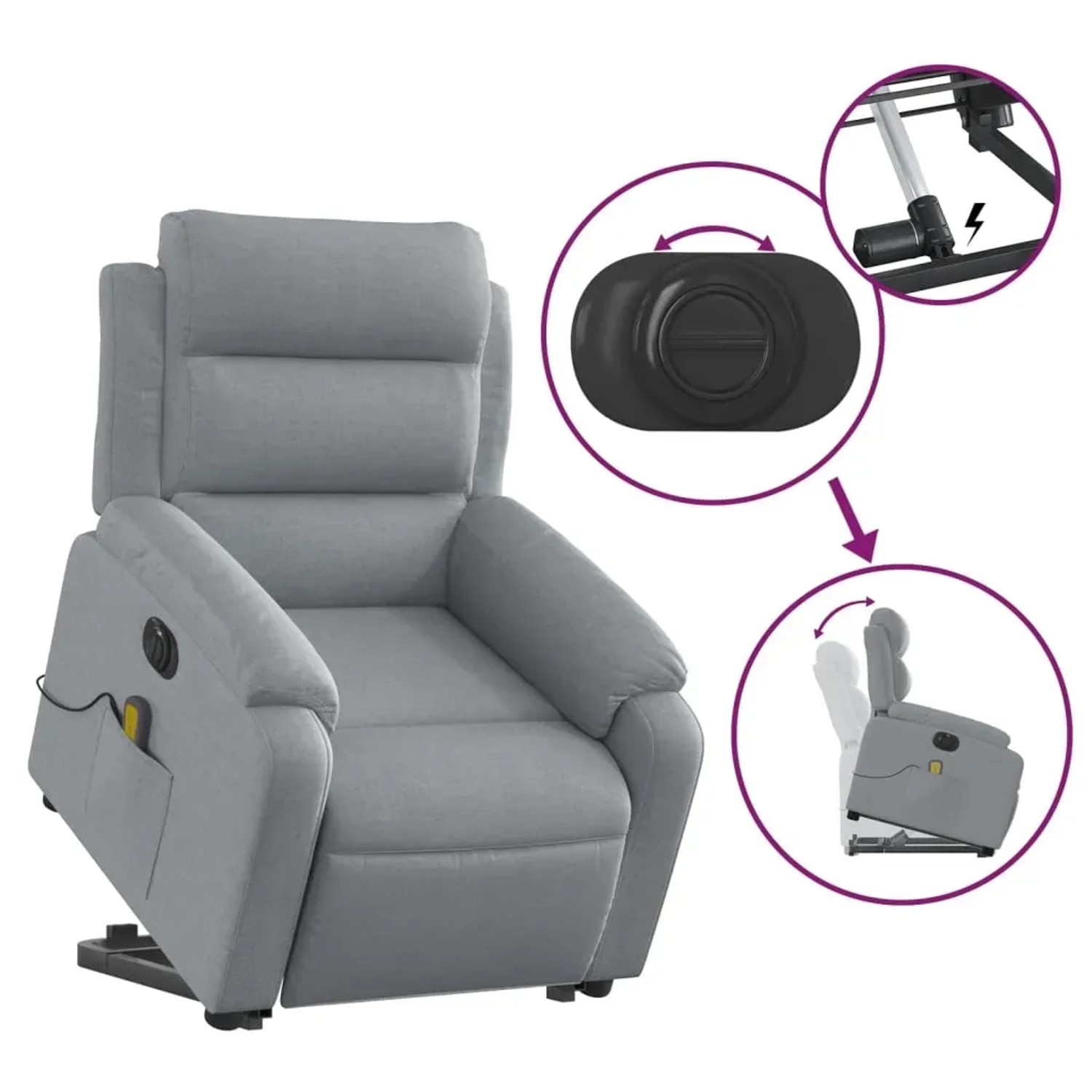 Hellgrauer vidaXL Massagesessel mit Aufstehhilfe, Stoff, mit Bedienfeld und Funktionsdarstellung.