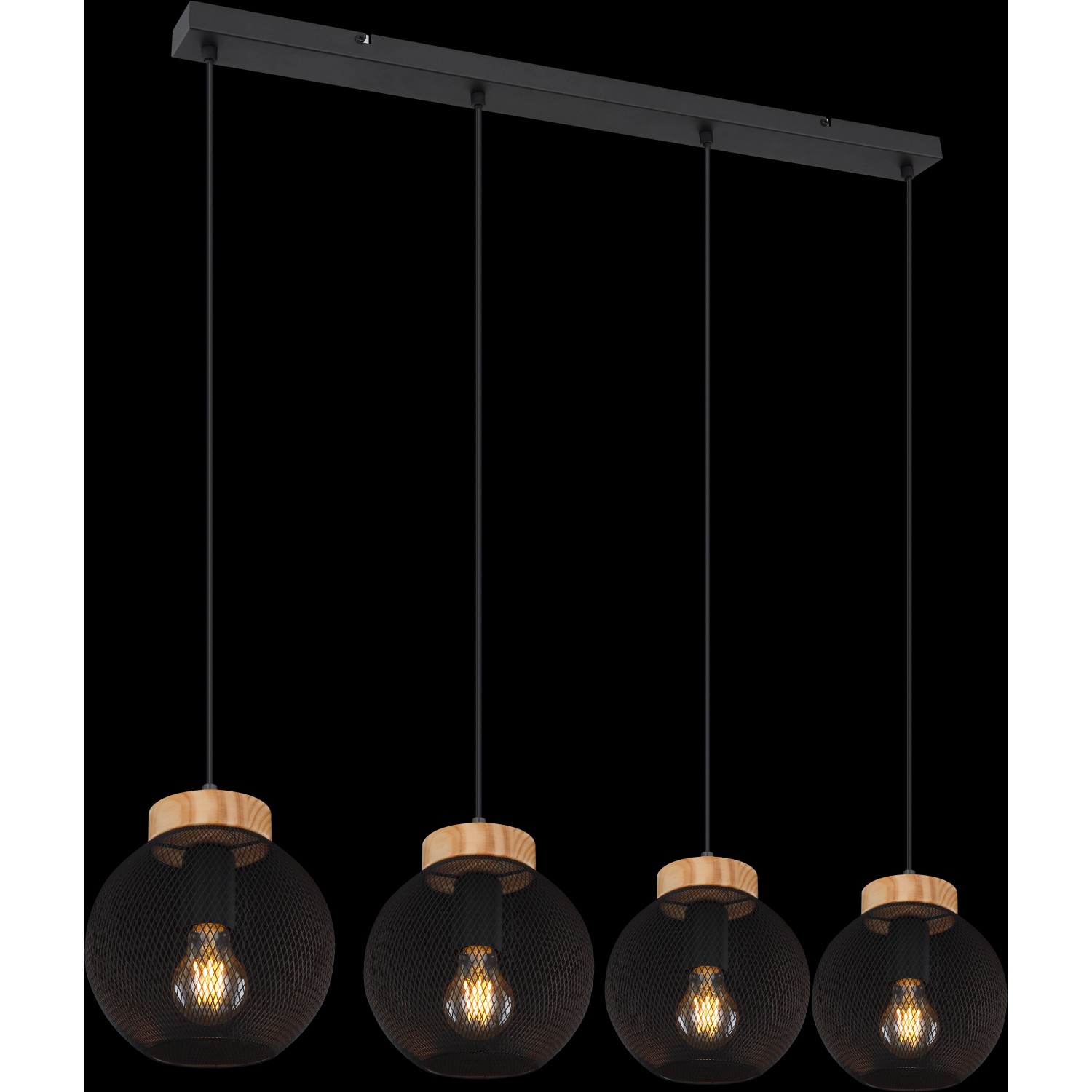 Schwarze, 4-flammige Globo Hängeleuchte Pablo aus Metall und Holz. Pendelleuchte für Wohnräume.