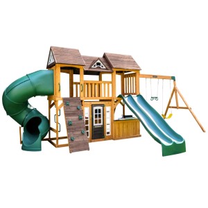 Zwerkules Spielturm Bolzo mit Rutschen, Schaukel und Kletterwand aus Holz, 347x692x285cm.