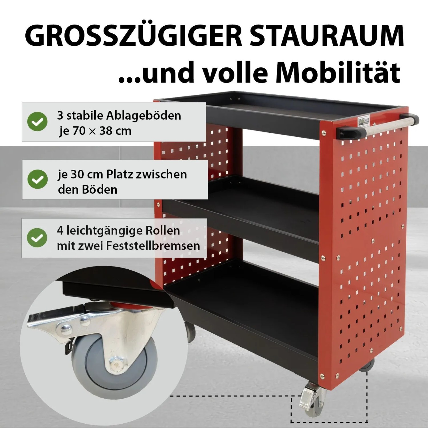 TRUTZHOLM Werkstattwagen 3 Etagen Stahl auf Rollen bis 300kg Tragkraft Rot_4