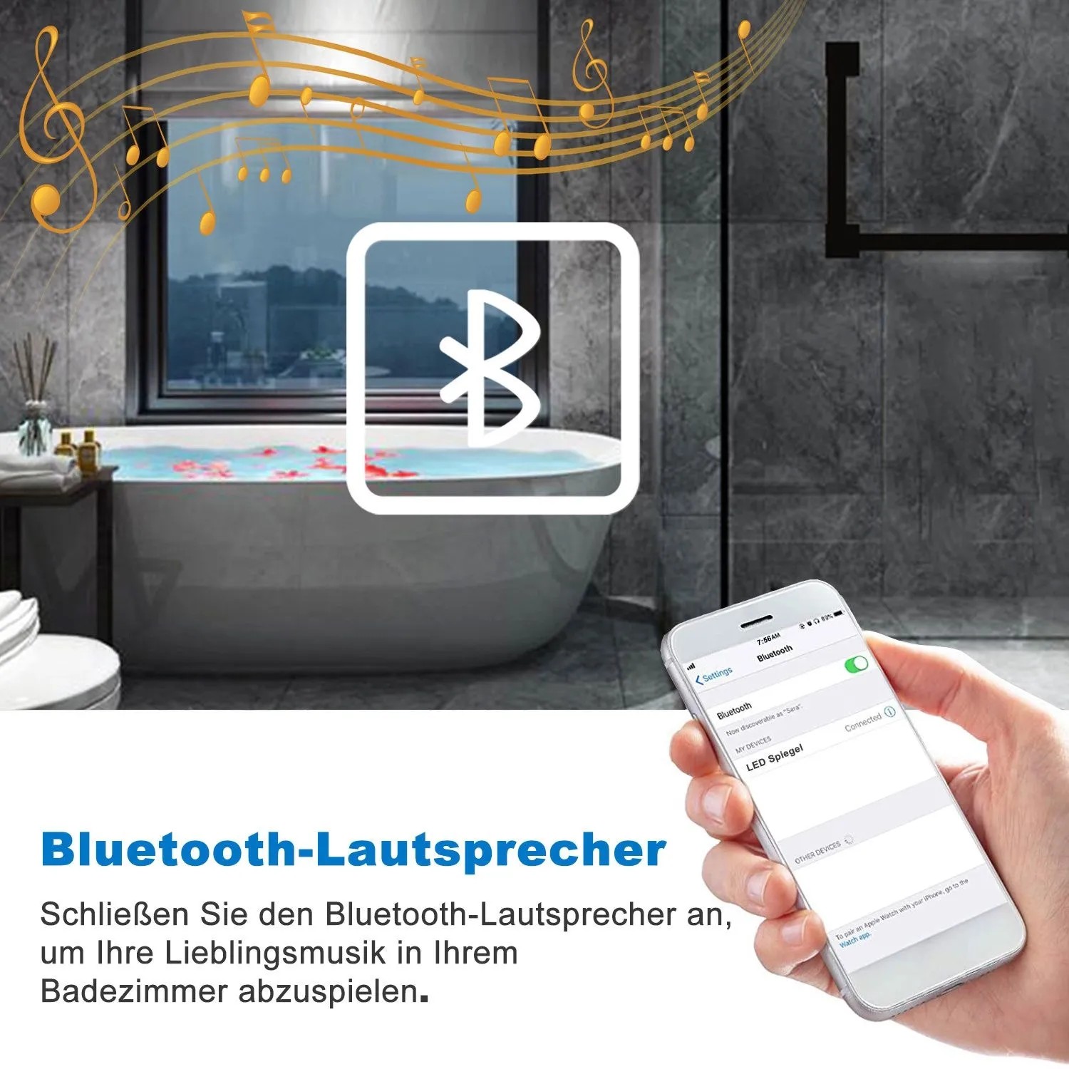 Szene mit rundem Badspiegel mit Bluetooth, verbunden mit Smartphone im Badezimmer.