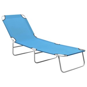 Türkisblaue, klappbare Sonnenliege aus Stahl und Stoff für Garten oder Strand.