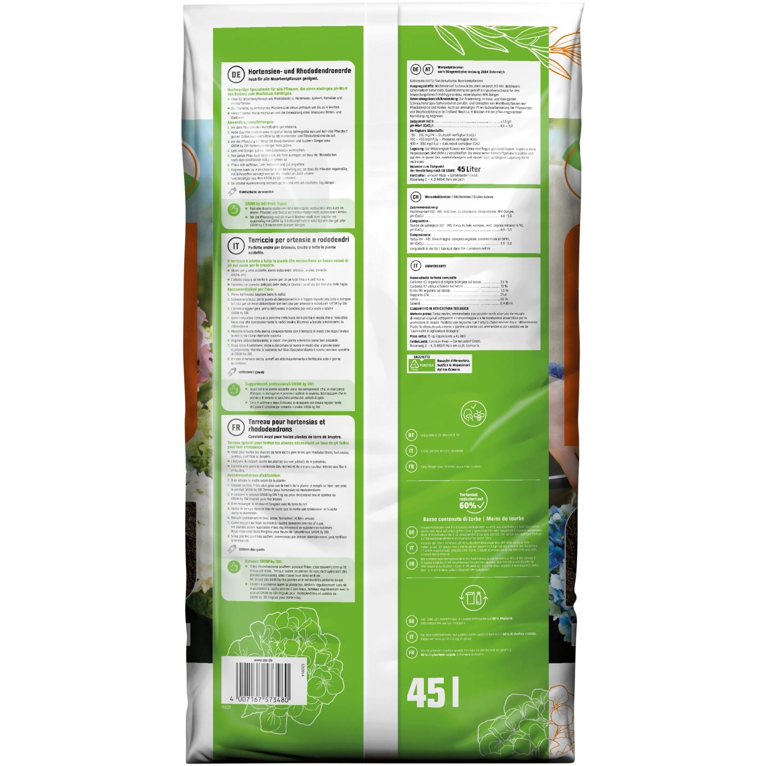 Sack GROW by OBI Hortensien- und Rhododendronerde, 45l, torfreduziert.