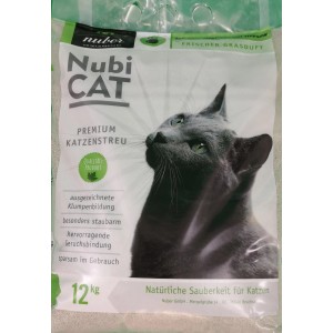 Nubi Katzenstreu Grasduft, 12kg Sack Klumpstreu mit Katzenmotiv.