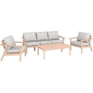 4-teilige Loungegruppe Ashwood aus FSC® Akazienholz mit hellgrauen Kissen.