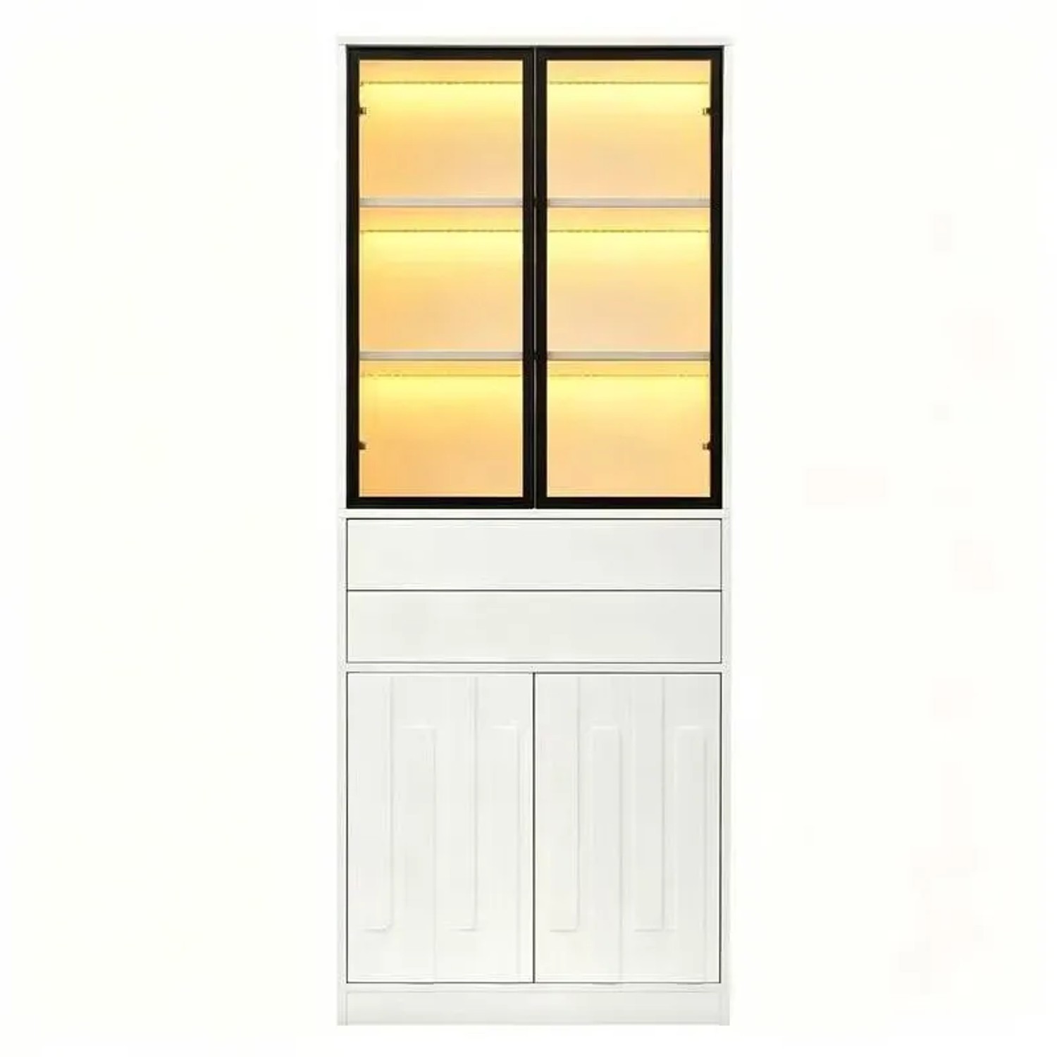 Merax Vitrine mit LED Glastüren 2 Schubladen Hochschrank Weiß