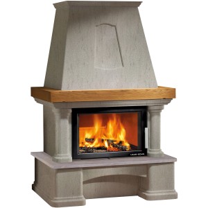 Kaminofen Leichtbeton Creme, 8 kW, mit Holzfeuer. Moderner Ofen für gemütliche Wärme.