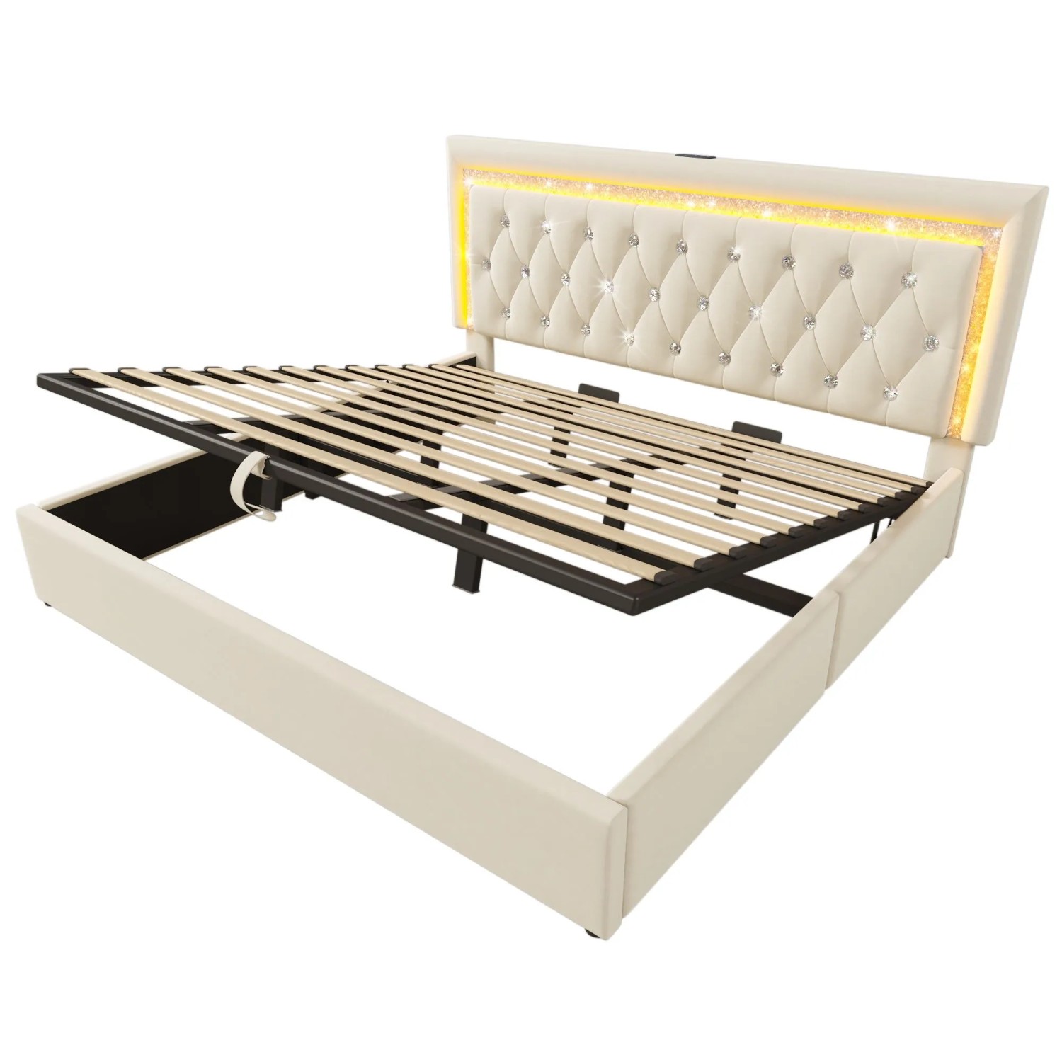 okwish Polsterbett 180x200cm mit LED USB Type C Jugendzimmer Beige ohne Matratze