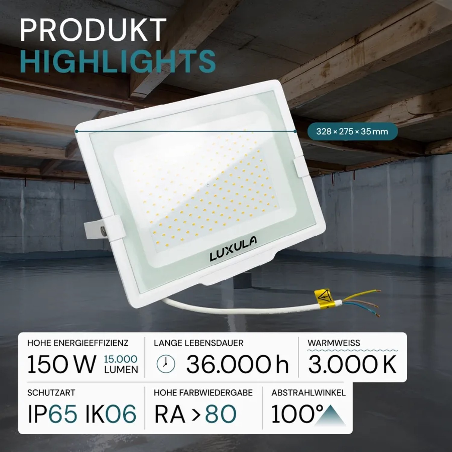 LUXULA LED-Außenstrahler, 150W, 15000lm, warmweiß, Slim Design, IP65 wetterfest.
