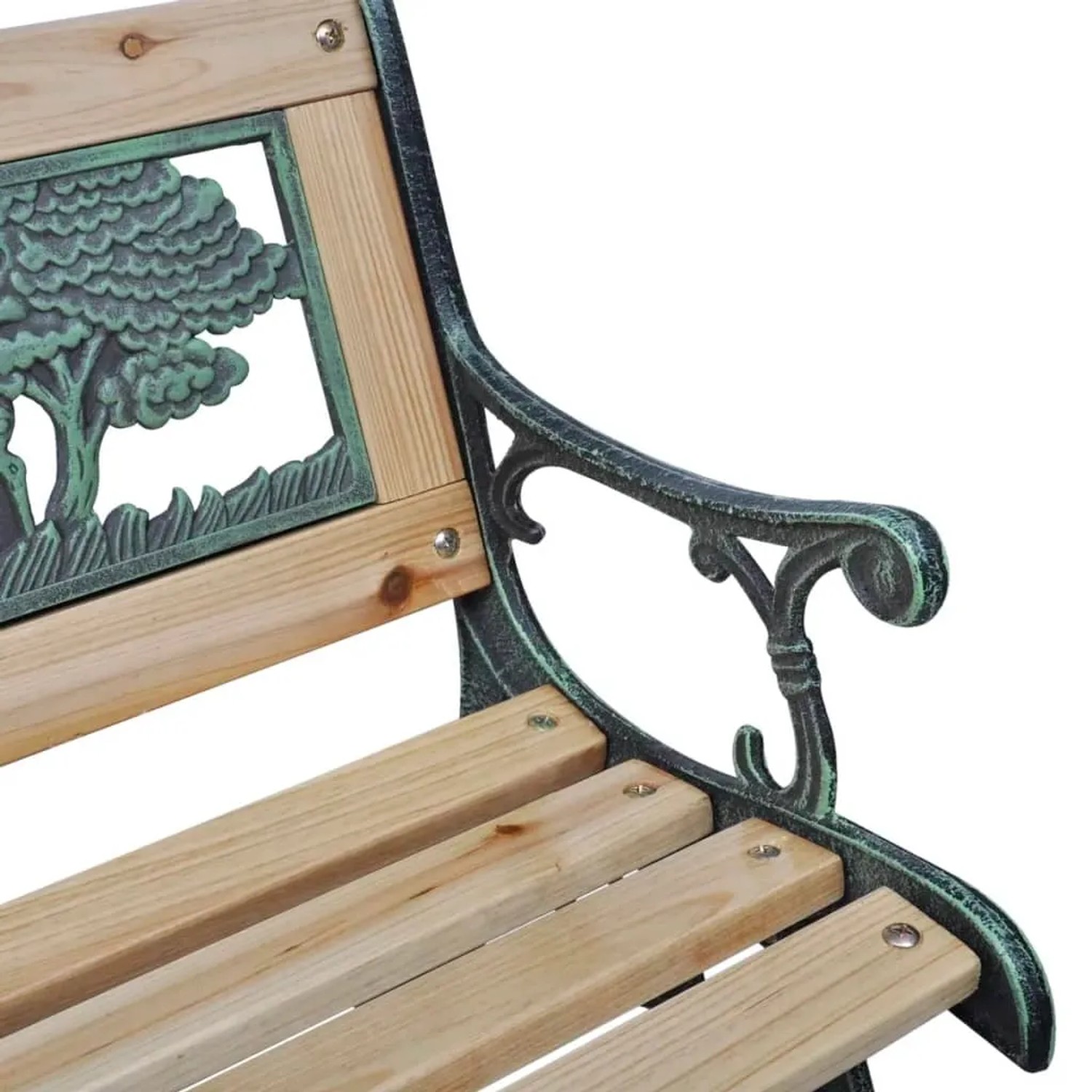 Detailansicht: Kinder-Gartenbank aus Holz mit Tier-Motiv, 84 cm breit.