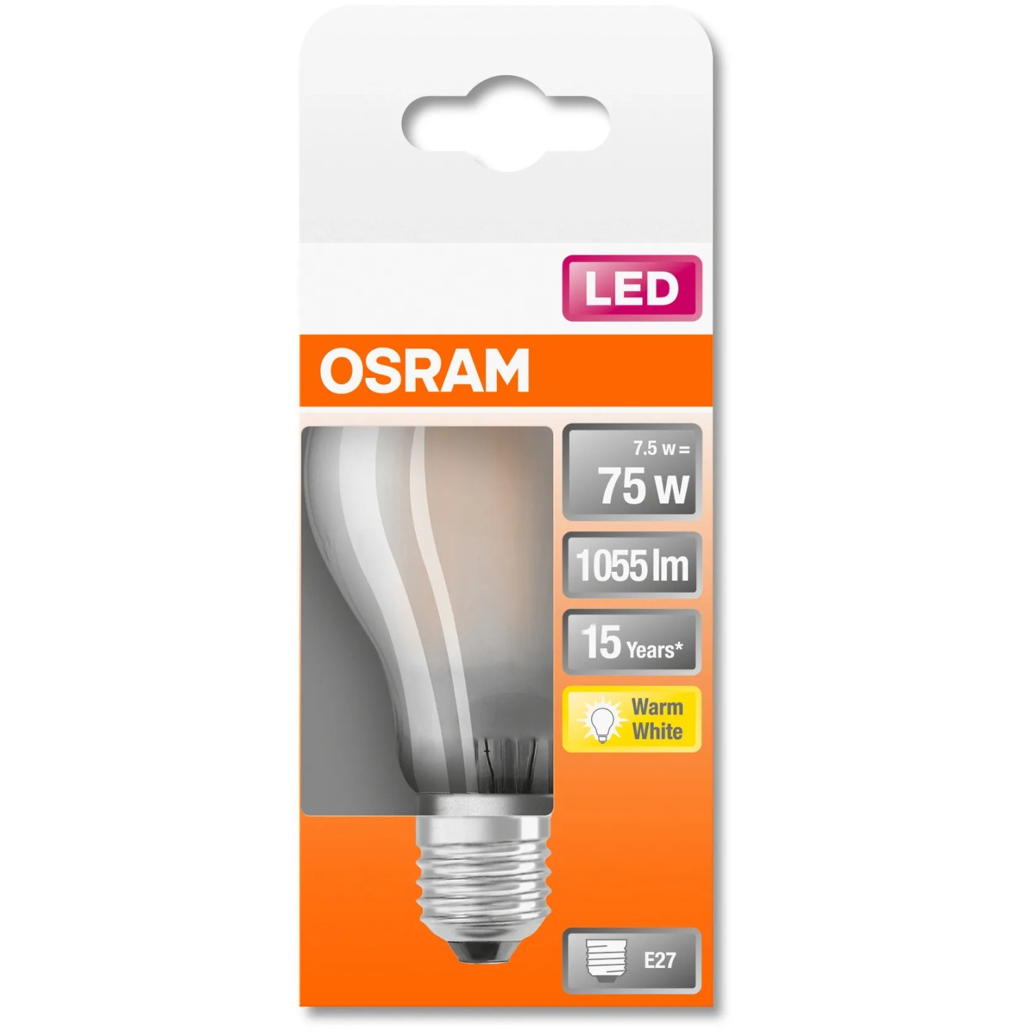 Osram E27 LED Leuchtmittel in Glühlampenform, 7,5W, warmweiß, auf Verpackung.
