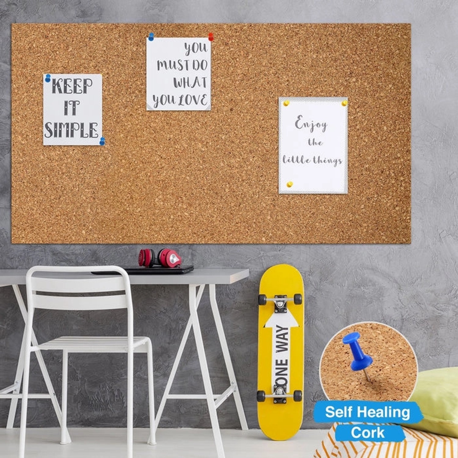 KARAT Rollenkorkplatte als Pinnwand im Büro mit Notizen und Skateboard. Naturprodukt auf Maß.