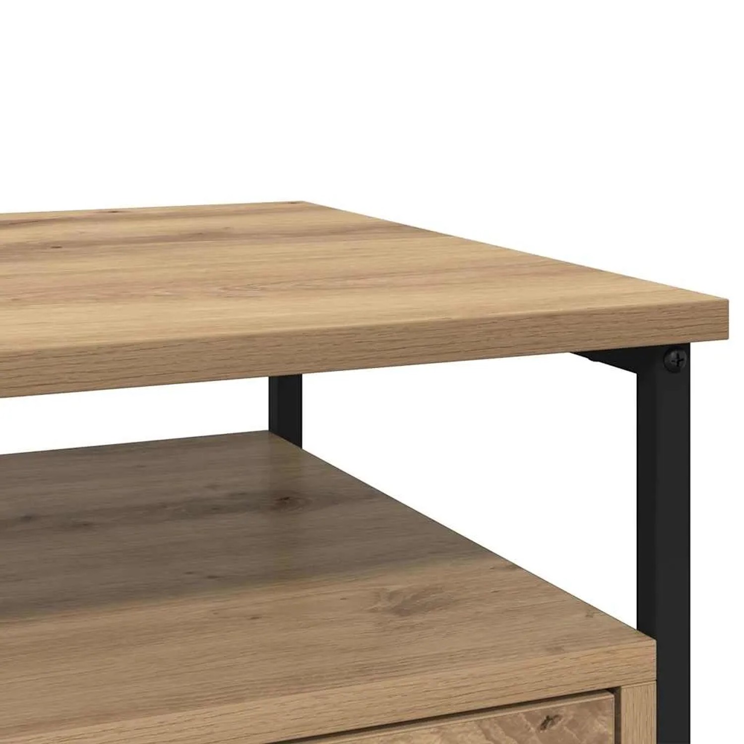 Nachttisch in Artisan-Eiche mit schwarzem Metallrahmen. Zeigt obere Ablage und Zwischenboden.